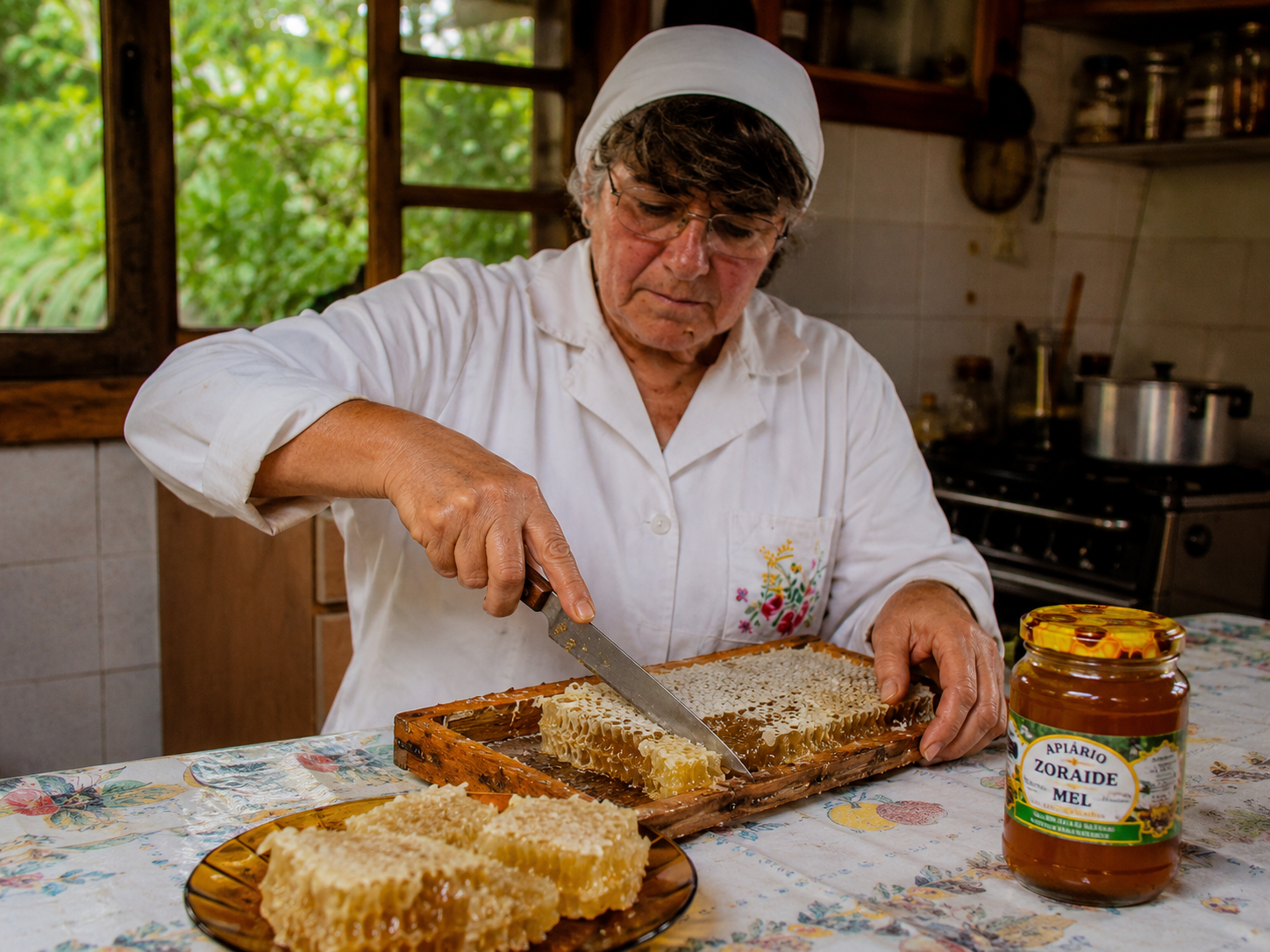 Apiario Ozoraide cortando favo de mel